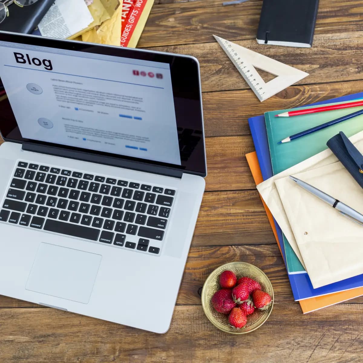 A premium laptop with a business blog on it sitting on an elevated desk.