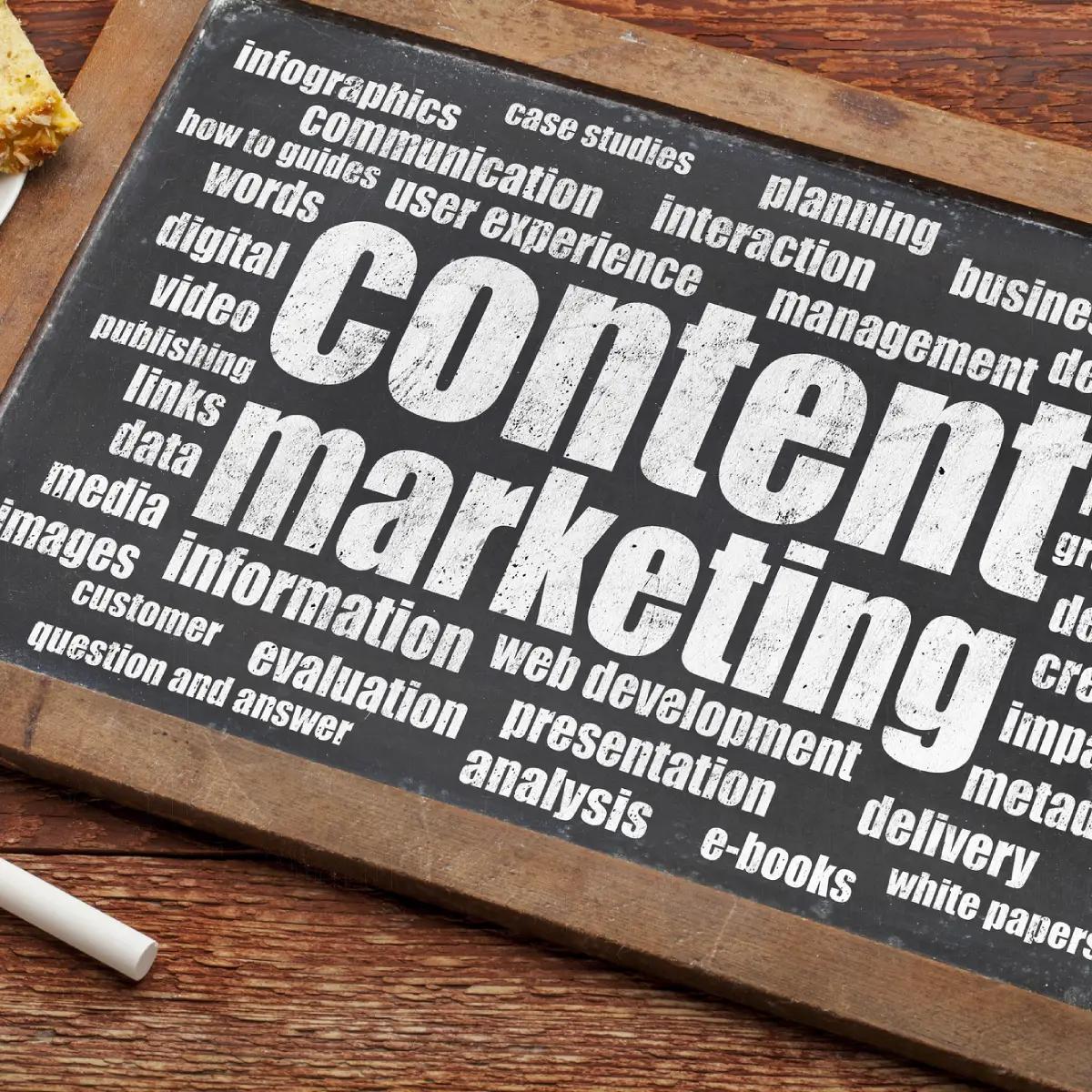 A chalkboard with the word content marketing, elevating business digital solutions.