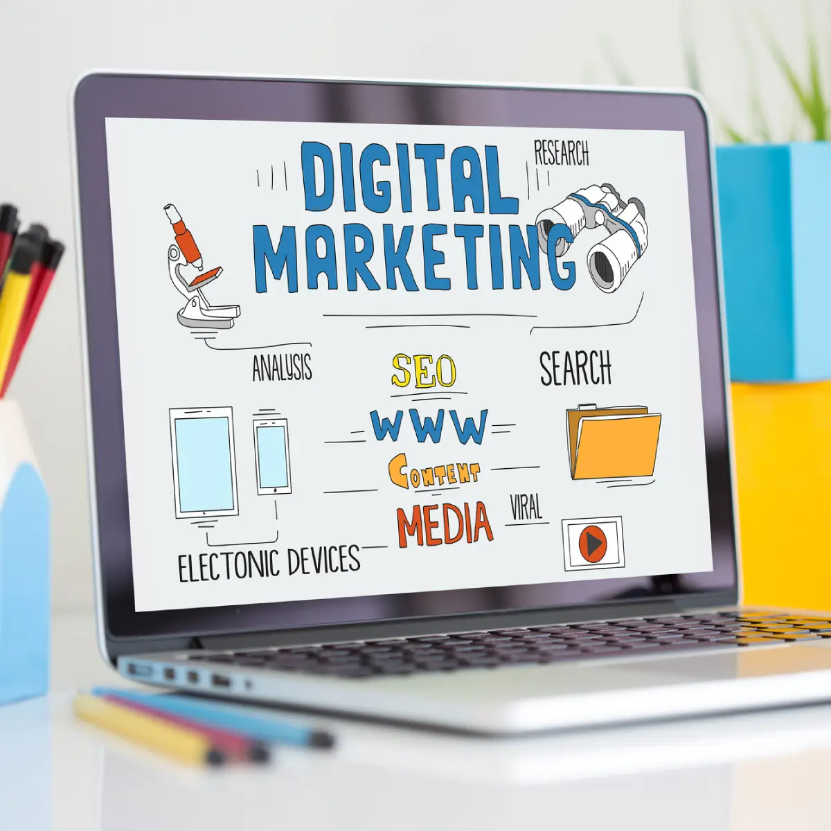 An elevated premium laptop showcasing digital marketing on the screen.